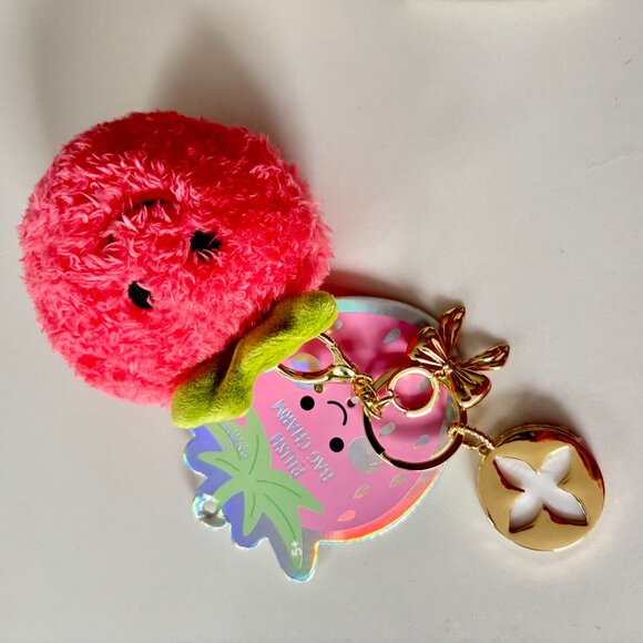 Plush Cherry Bag Charm Soft w Gold Tone Baubles, Disc w Flower cutout & Bow NWT - Picture 4 of 5